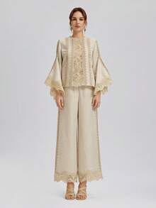 Rich Radi Q's Fashionable Women's Regular Length Woven Fabric Top With Delicate Lace Details - Apricot - View 9