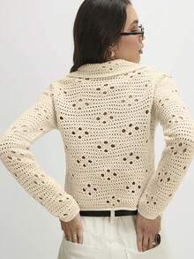 Women's Short Crochet Cardigan, Long Sleeve, Front Tie Design, Semi-Transparent Polyester Knit Basic Top, Suitable For Autumn Casual Wear - Apricot - View 2