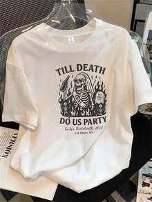 Top de mujer de manga corta y cuello redondo con la imagen de un esqueleto sosteniendo un logotipo estampado, apto para todas las estaciones. - Blanco - Ver 1