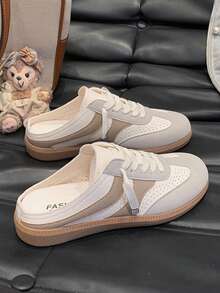 Women's Fashion Slip-On Shoes, Solid Color Sports Lace-Up Metal Eyelet Casual Flat Loafers For Daily Wear - Khaki - View 5