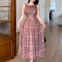 yonghongmaoyi1  Vestido de mujer elegante de cuello redondo sin mangas con estampado asimétrico de largo medio, vestido de invitada de boda de verano - Marrón - Ver 5
