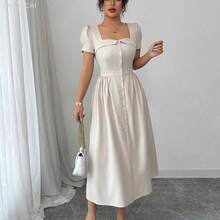 yonghongmaoyi1  Vestido de manga larga de primavera/verano con corte evasé, abertura en la falda, botones y cuello sin cuello con volantes, elegante para el trabajo - Granada - Ver 5