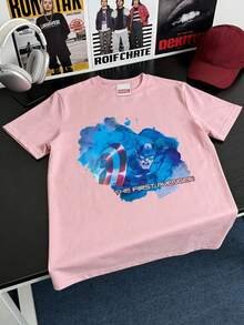 男款 Marvel 聯名水彩風印花 T-Shirt，美隊元素設計，適合夏季穿著 - 粉色 - 查看 1