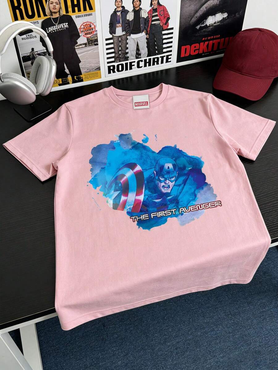 男款 Marvel 聯名水彩風印花 T-Shirt,美隊元素設計,適合夏季穿著 - 粉色 - 查看 1