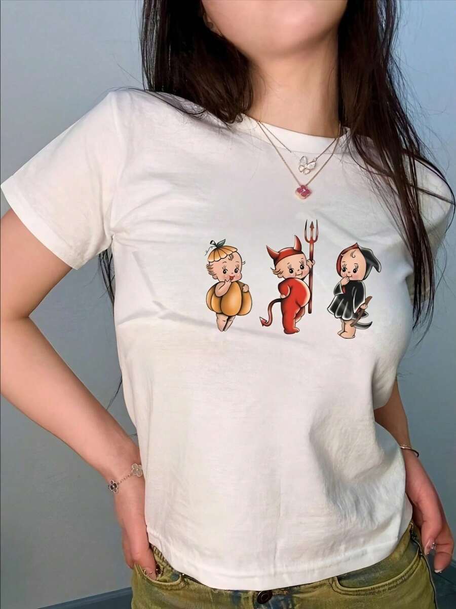 Women's Printed T-Shirt, Lightweight, Breathable, Comfortable, And Versatile. 100% Cotton, Cool And Airy, Machine Washable. Stylish Summer Wear With A Modern, Urban Feel. - 白色 - 查看 1