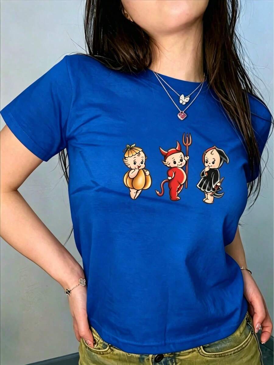 Women's Printed T-Shirt, Lightweight, Breathable, Comfortable, And Versatile. 100% Cotton, Cool And Airy, Machine Washable. Stylish Summer Wear With A Modern, Urban Feel. - 藍色 - 查看 1