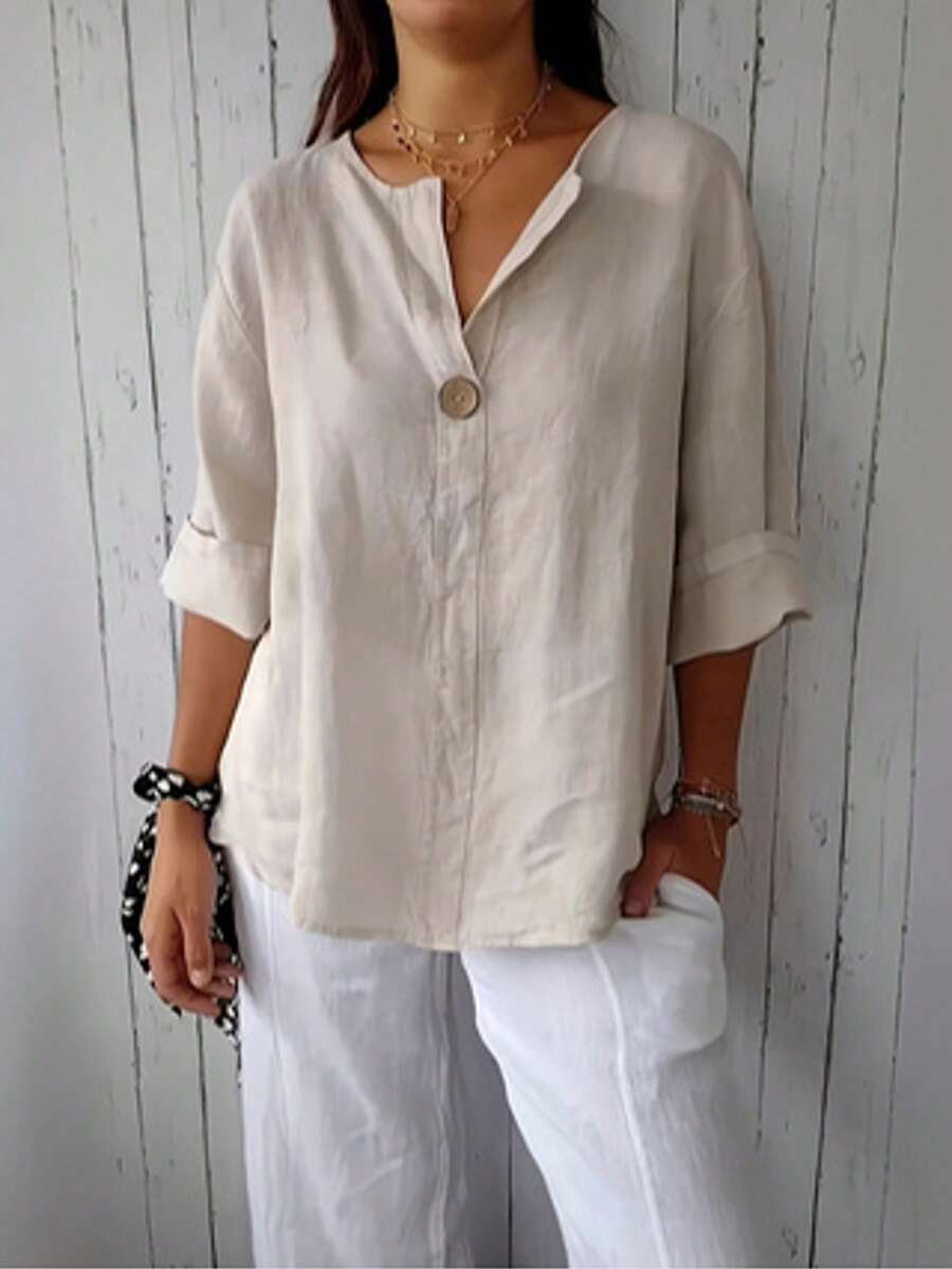 Blusa de tejido con cuello en pico y detalles de botones, corte relajado para primavera - Caqui - Ver 1
