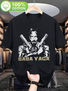 T-shirt för män med Baba Yaga & John Wick-design - Rolig tryckt kortärmad tröja med rund hals, lämplig för vardagsbruk, matchande outfits, vår-, sommar- och höstaktiviteter utomhus, maskintvättbar vardags-t-shirt. - Svart - Visa 1