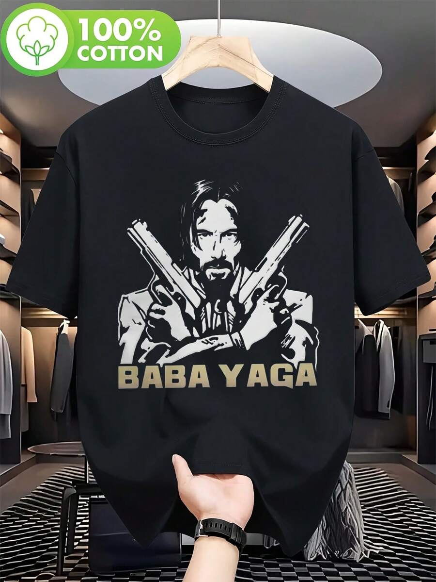 T-shirt för män med Baba Yaga & John Wick-design - Rolig tryckt kortärmad tröja med rund hals, lämplig för vardagsbruk, matchande outfits, vår-, sommar- och höstaktiviteter utomhus, maskintvättbar vardags-t-shirt. - Svart - Visa 1