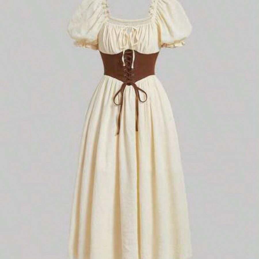 jianchaimaoyi02 MOD Vestido de cuello cuadrado con mangas de pétalo y lazo en la cintura en color rosa - Albaricoque - Ver 1
