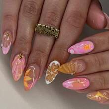 Elegant Wearable Nail Tips, Floral Pattern, Island Soft Style, 24-Piece Set, Almond Shape, Removable Manicure - 穿戴式美甲 - 查看 2
