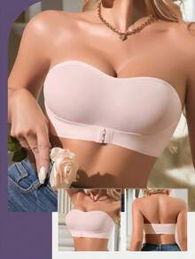 Women Invisible Strapless Push Up Bra Front Closure Convertible Bandeau W/ Clear Straps - Pink - View 3