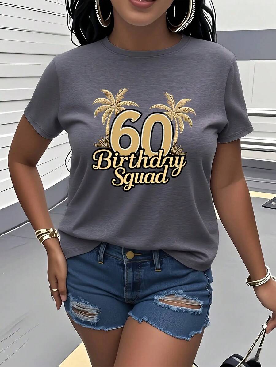 T-Shirt Con Stampa Di Palme Tropicali 2026 Per Il 60° Compleanno Della Donna - Manica Corta, Girocollo, Top Casual, Ideale Per Feste, Riunioni, Viaggi, Abbigliamento Quotidiano, - 深灰色 - 查看 1