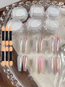 極光鏡面美甲亮粉 6 色組，Y2K 亮粉 - 附 6 支塗抹棒，DIY 美甲用品 - 彩色 - 查看 6