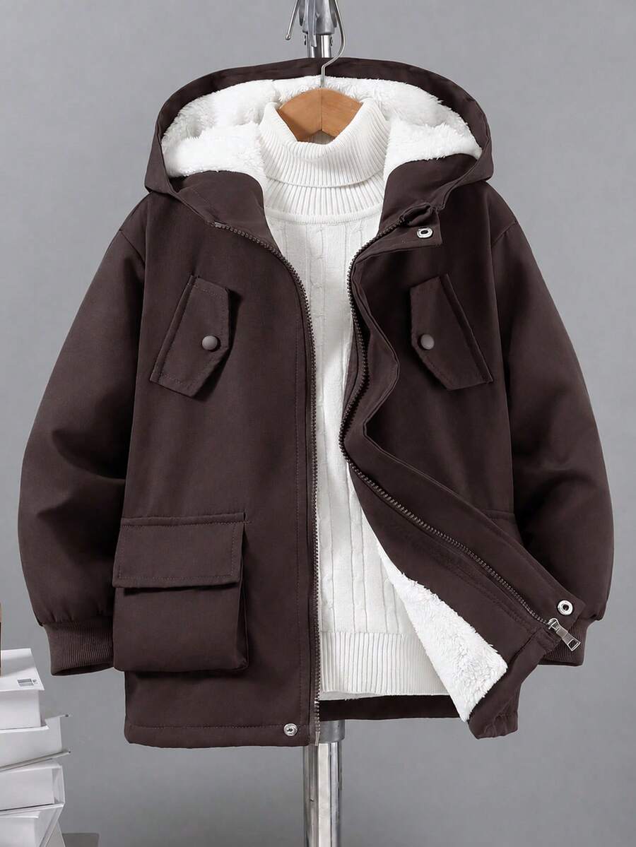 Teen Boys Casual Fashionable Thermal Lined Hooded Jacket, Autumn/Winter - Brown - View 1