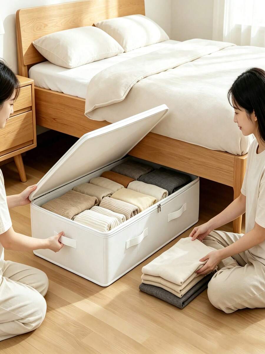 1个现代优雅大容量收纳袋,加厚无纺布可折叠收纳袋,带透明窗口,多层衣物整理袋,节省空间的竖式折叠收纳袋,适用于衣柜、床、卧室、户外旅行、换季整理、日常家居使用 - 白色 - 查看 1