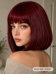 12 Inch Burgundy Straight High Temperature Synthetic Wig With Bangs Design, Fluffy Fashionable Women's Style For Halloween, Christmas, Party, Carnival, Cosplay - Burgundy - View 5
