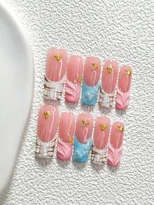 10片可愛手工穿戴甲，Polygel美甲套組，金色海星與貝殼設計，白色、粉色、藍色與棕色指甲油，夏季風格，附美甲工具，3種尺寸可選，杏仁形、鴨嘴形、棺材形，適合派對、跳舞、日常穿戴 - 彩色 - 查看 16