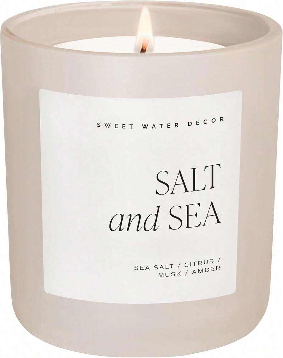 Sweet Water Decor Salt And Sea Soy Candle, 15oz Matte Tan Jar Candle, Layered Scent With Sea Salt, Citrus, Musk & Amber, 70+ Hours Long Burn Time, Clean Burning Natural Soy Wax, Hand-Poured Made In USA, Coastal Summer Home Decor & Relaxation Gift