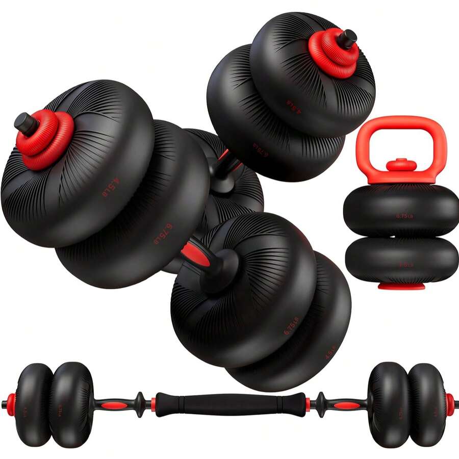 Adjustable Dumbbell Set, Soft PVC Coated, 45lbs Free Weight Set Home Gym, 4-In-1 Used As Barbell, Dumbbells, Kettlebell, Weight Plates, Weights Dumbbells Set, Space Saving Fitness Exercise For Men/Women - 黑色 - 查看 1