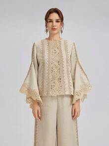 Rich Radi Q's Fashionable Women's Regular Length Woven Fabric Top With Delicate Lace Details - Apricot - View 1