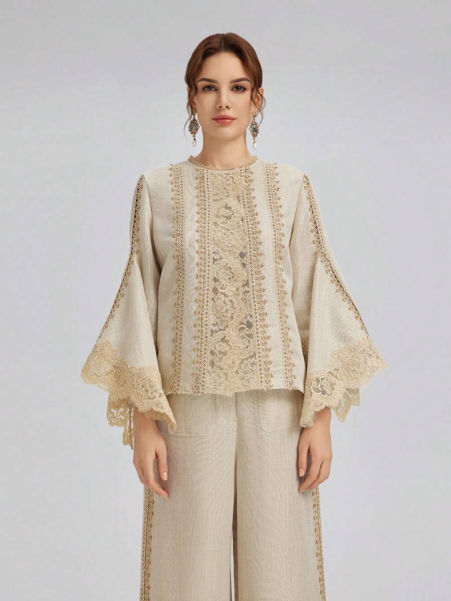 Rich Radi Q's Fashionable Women's Regular Length Woven Fabric Top With Delicate Lace Details - Apricot - View 1