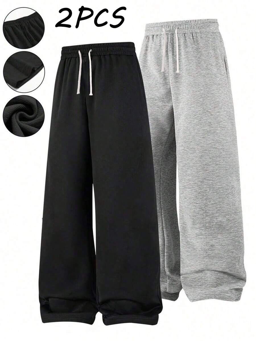2pcs Men's Casual Sports Pants, Loose Straight Leg Design, Comfortable Draping, Suitable For Indoor & Outdoor Wear, Can Be Couple's Gift, 100% Polyester Material, With Drawstring Waistband For Adjustment, Available In Multiple Colors - Multicolor - View 1