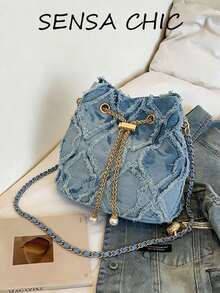 New Classic Versatile Solid Color Rhombus Pattern Drawstring Closure Metal Edge Shoulder Bucket Bag, Elegant Ladies Wallet, Suitable For Shopping, Work Commute, Social Events, Random Embroidery Pattern - Blue - View 10