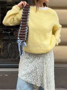 Women's Cream Yellow Crew Neck Long Sleeve Sweater, Autumn/Winter - Yellow - View 3