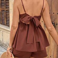 Conjunto de 2 piezas de camiseta sin espalda con lazo y shorts de unicolor casual para maternidad - Rosa - Ver 3