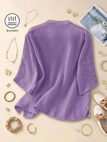 Plus Size Casual Loose Fit Embroidered Women Top, Spring/Summer - Purple - View 4