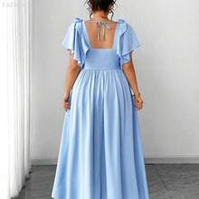 xuehuamaoyi02  Vestido de línea A de longitud media con cuello cuadrado y tirantes con lazo, en color azul cielo, elegante y minimalista, para mujer de talla grande, para uso diario, fiesta, boda y dama de honor - Azul - Ver 3