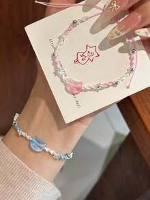 2pcs Ins Style Woven Hand Rope Pink & Blue Cat Pendant Bracelet, Gift For Couples And Besties - Light Pinkish Blue - View 4