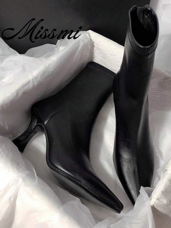 2025 Autumn/Winter New Brown High Heel Ankle Boots For Women, Pointed Toe Elastic Slim Fit Thermal Lined Ankle Boots