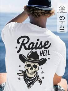 Men's Solid Color Crew Neck Short-Sleeved Loose T-Shirt, 100% Cotton Top, Graphic Skull Cowboy Print, Spring/Summer Casual Menswear, Street Style - White - View 3