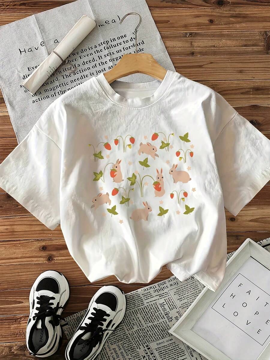 Minimalist. 100% Cotton. 1 Piece. [Chu Fanxuan Exclusive]Short-Sleeved T-Shirt With A Round Neck And Easter Bunny And Strawberry Print. Spring/Summer Top. - White - View 1