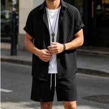 Men's Short-Sleeved Shirt And Jacquard Knit Shorts Set, Crafted In A Relaxed Vacation Style. Perfect For Beach Getaways In Hawaii, Carnivals, And Everyday Wear. An Excellent Gift For Your Boyfriend Or Husband, Offering Comfortable Style. - 黑色 - 查看 2