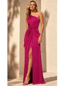 Bridesmaid Dress Guests Promotion Knot Olive Green Fuchsia Black Lilac Terracotta Emerald Royal Red Marsala Navy Without Shine - 玫瑰紅 - 查看 1