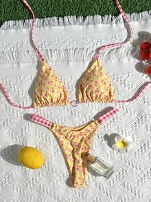 2pcs Floral Plaid Trim Women's Bikini Set - Triangle Top With Ruffle Design & Adjustable Tie-Up Bottom, Suitable For Summer Beach Wear Vacation - Multicolor - View 6