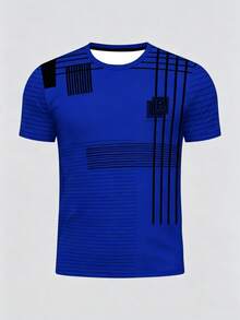 Men's 3D Striped Print Casual Sports Top, Polyester Fabric, Regular Fit, Suitable For Outdoor Activities And Daily Comfort, Fashionable Round Neck Casual Top, Versatile Style, Easy Care - Blue - View 3