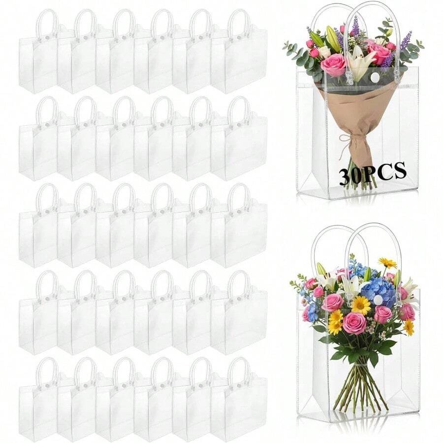 Bolsas de Regalo de PVC Transparente con Asas30PCS Bolsas de Plstico para Regalo Reutilizable con BotnBolsas de Compras para Boda, Dulces, Cumpleaos, Escolares25*25*9cm - Transparente - Ver 1
