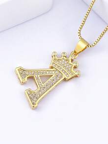 1pc White Zirconia 18k Gold Plated Copper 26 Letter Pendant Necklace ...