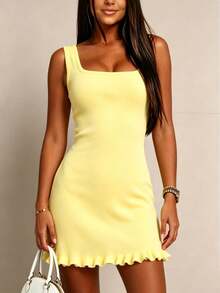 Váy mini bodycon dệt gân màu vàng chanh phong cách thường ngày mùa hè với gấu bèo, váy A-line cổ vuông không tay thanh lịch cho nữ đi tiệc, nghỉ dưỡng - Màu vàng - Xem 6