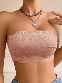 Sujetador bandeau de encaje ligero, estilo casual sin aros, sin relleno, espalda cruzada, antideslizante - Albaricoque - Ver 7