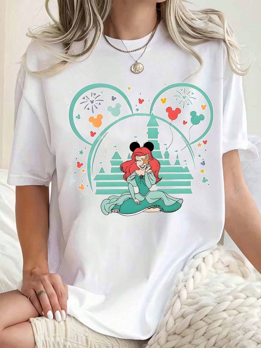 Women Round Neck T Shirt Ariel Disney Princess Mickey Mouse Ears Castle Print Casual Summer Top For Women 220g - 白色 - 查看 1