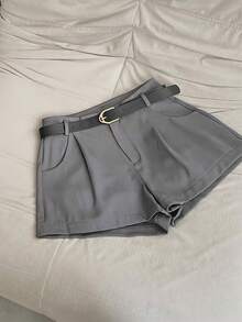 Pantalones cortos sólidos de mujer con bolsillos plisados, sueltos y versátiles - Gris - Ver 1