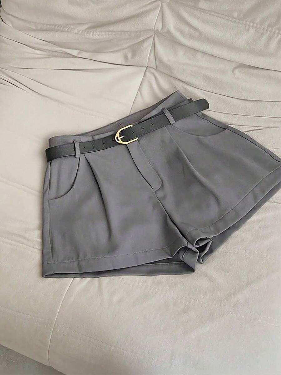 Pantalones cortos sólidos de mujer con bolsillos plisados, sueltos y versátiles - Gris - Ver 1