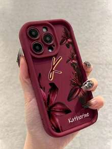 1pc Customized Letter Name, Dark Sweet Cool Red Lily Pattern TPU Edge Thickened Shockproof Protective Phone Case Compatible With Apple 17ProMax/16 Pro Max/15Pro/14 Plus/13 Pro/12 Pro Max/11/XsMax/8/7 Phone Accessories Protective Case - Burgundy - View 6