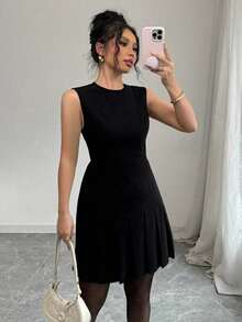 Vestido mini sin mangas liso elegante con volantes 2026 - Negro - Ver 2