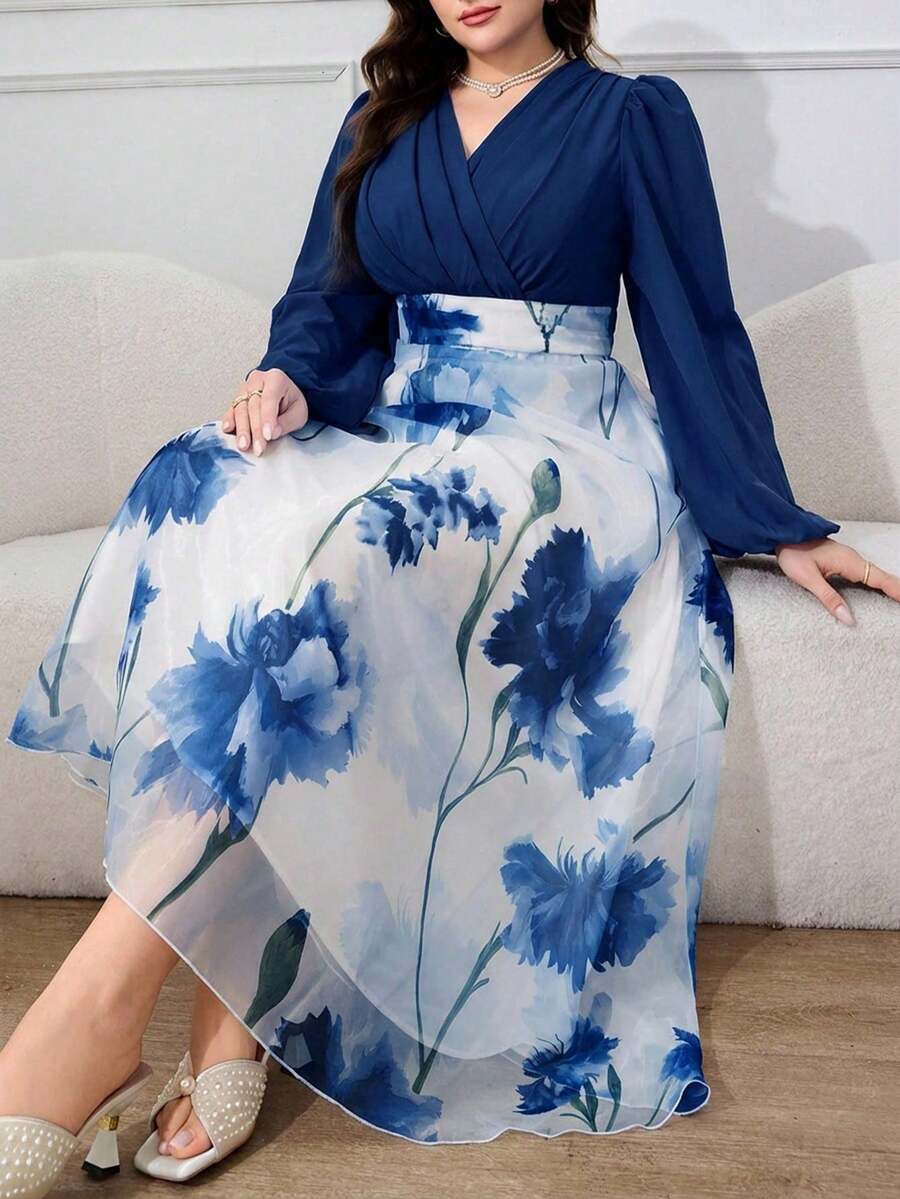 Vestido de talla grande para mujer 2026 de nuevo estilo elegante con estampado floral, mangas de farol y cintura ceñida, estilo resort - Azul - Ver 1